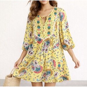 Figueroa & Flower Yellow Paisley Boho Dress Anthro Style Lace Rayon L